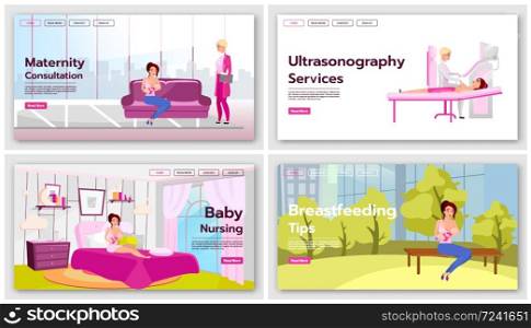 Motherhood and childcare landing page template set. Breastfeeding website interface idea with flat illustrations. Baby nursing, woman health screening homepage layout. Web banner, webpage concept
