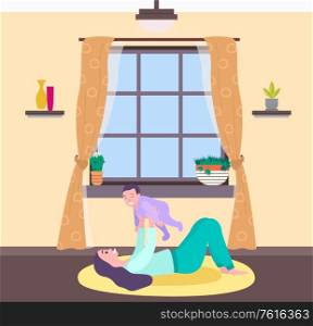 Motherhood and childhood vector, woman at home playing with child flat style. Interior of room, windows and curtains, vase and houseplant flora in pot. Mother and Baby at Home, Woman Playing with Kid