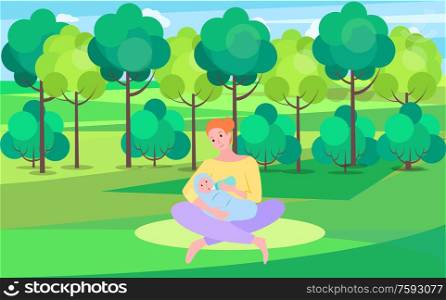 Motherhood and childhood vector, woman in park with kid, mom feeding baby with milk poured in bottle. Newborn child on fresh air, nature green park. Woman and Baby in Green Park, Mother Feeding Child