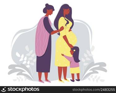 Motherhood and ethnic family. Happy pregnant dark-skinned woman in a yellow dress gently hugs her belly. Next to her is a woman mother and daughter on a gray decorative background. Vector illustration
