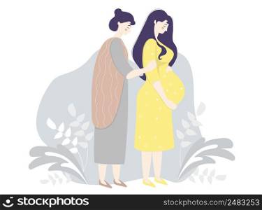 Motherhood and family. Native people - Happy pregnant woman in a yellow dress gently hugs her belly. Next to her is her fair skin woman mother on a gray decorative background. Vector illustration