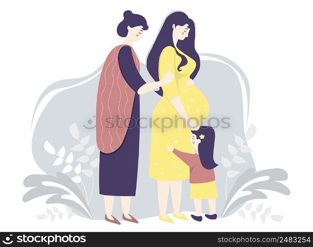 Motherhood and family vector flat. Happy pregnant woman in a yellow dress gently hugs her belly. Next to her is a woman mother and daughter on a decorative background With leaves. Vector illustration
