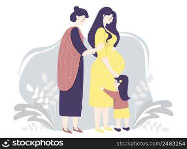 Motherhood and family vector flat. Happy pregnant woman in a yellow dress gently hugs her belly. Next to her is a woman mother and daughter on a decorative background With leaves. Vector illustration