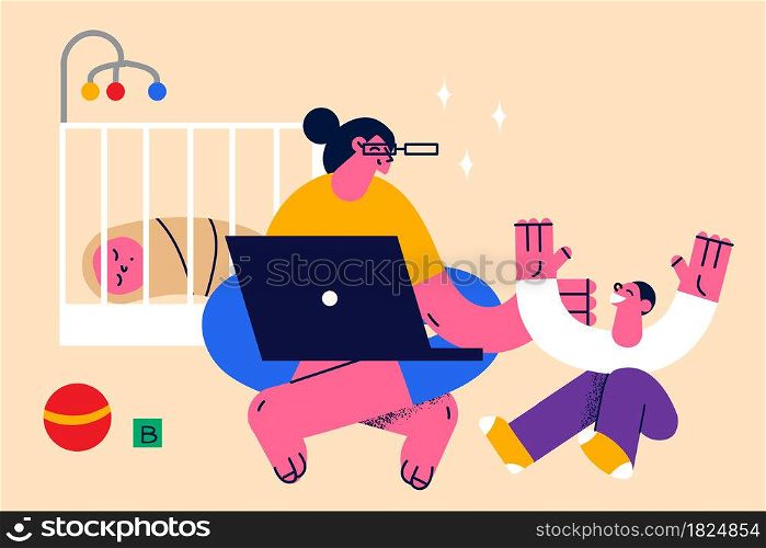 Motherhood and happy childhood concept. Young mother woman sitting on floor with laptop while her newborn baby sleeping and son playing nearby vector illustration . Motherhood and happy childhood concept