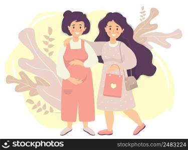 Motherhood and Happy female lgbt family. A pregnant woman in overalls strokes her belly with her hands. She is hugged by a girl with long hair and a bag in her hands. Vector flat illustration
