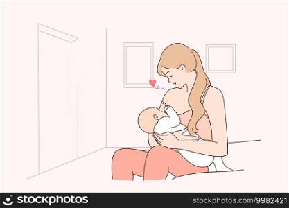 Motherhood, breastfeeding, family concept. Young happy loving woman mother sitting and breastfeeding her little baby infant at home feeling care and endless love vector illustration . Motherhood, breastfeeding, family concept