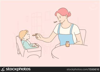 Motherhood, childhood, food, family concept. Young woman mom cartoon character feeding child kid son baby with special childish nutrition. Breakfast dinner lunch or supper and mothers day illustration. Motherhood, childhood, food, family concept