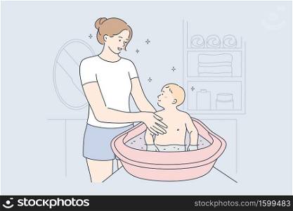 Motherhood, childhood, halth, care, love concept. Young happy smiling woman mom cartoon character washing baby infant toddler child kid son in bathroom. Mothers day and domestic life illustration.. Motherhood, childhood, halth, care, love concept