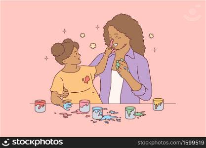 Motherhood, childhood, play, fun concept. Young african american woman mom smearing color paints with child kid daughter together at drawing school home. Mothers day or funny recreation illustration. Motherhood, childhood, play, fun concept