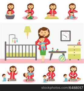Motherhood Concept Illustration In Flat Design.. Motherhood and family concept vector. Flat Design. Young woman playing, bathes, feeding, reading with his son. Babysitting job illustrating. Set of baby life moments. Mother s leisure with baby.