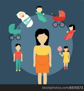 Motherhood Concept Illustration In Flat Design.. Motherhood and family concept vector. Flat Design. Children growing up idea illustrating. Woman character template without face with carriage, newborn, toddler, teenager boy and girl on background.