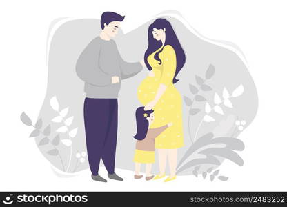 Motherhood. family vector flat - Happy pregnant woman in a yellow dress, gently hugs her belly. Next to her is a little daughter and a husband on a gray background with plants. Vector illustration