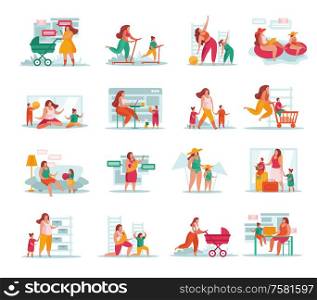 Motherhood flat colored icons set with woman spending time with her daughter and son isolated on white background vector illustration