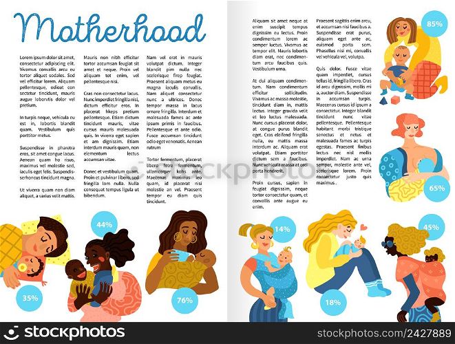 Motherhood hand drawn infographics, book pages, including loving women with little babies in various activities, vector illustration. Motherhood Hand Drawn Infographics