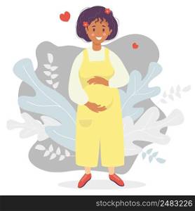 Motherhood. Happy dark-skinned pregnant woman in yellow overalls pants hugs her belly with her hands. Vector illustration. Flat design characters on decorative background of tropical leaves and hearts