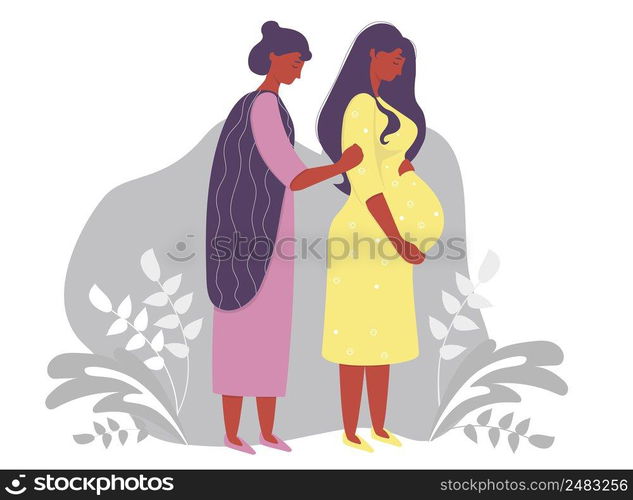 Motherhood. Happy pregnant dark-skinned woman in a yellow dress, tenderly hugs her belly and next to her is a woman mom. on a gray decorative background with branches and plants. Vector illustration