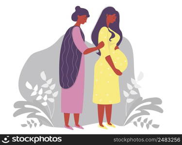 Motherhood. Happy pregnant dark-skinned woman in a yellow dress, tenderly hugs her belly and next to her is a woman mom. on a gray decorative background with branches and plants. Vector illustration