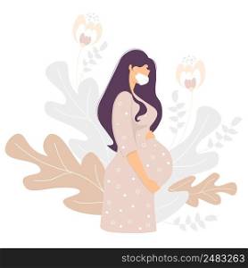 Motherhood. Happy pregnant woman in a medical mask gently hugs her belly with her hands, on a background with a decor of delicate plants and flowers. Vector illustration. concept of Covid, pandemic