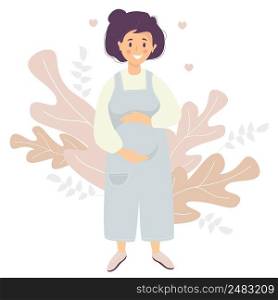 Motherhood. Happy pregnant woman in blue overalls pants gently hugs her stomach with her hands. Vector illustration. Flat design characters on decorative background of tropical leaves and hearts