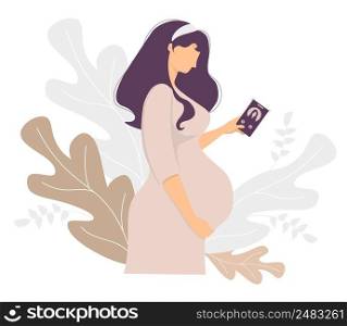 Motherhood. Happy pregnant woman with a mobile phone in her hand gently hugs her belly. Stands against the backdrop of decor from tropical leaves. Vector illustration. For design, print, decoration
