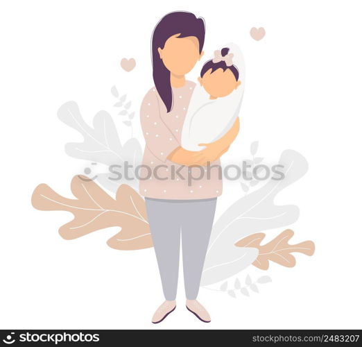 Motherhood. Happy woman in trousers with a newborn girl in her arms in full growth stands against a background of a pattern of leaves and plants. Vector illustration. Happy family - mom and daughter