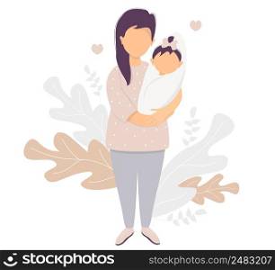 Motherhood. Happy woman in trousers with a newborn girl in her arms in full growth stands against a background of a pattern of leaves and plants. Vector illustration. Happy family - mom and daughter