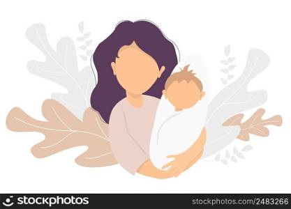 Motherhood. Happy woman with a newborn baby in her arms. On the background decorative pattern of tropical leaves and plants. Vector illustration. Happy family - happy mom and baby. flat illustration