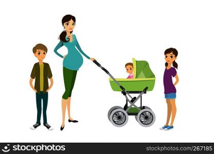 Motherhood. Happy young pregnant mother with her daughter,son and a toddler in a pram,isolated on white background,cartoon vector illustration. Pretty young pregnant woman with a pram and children