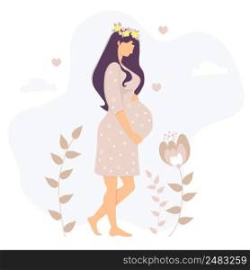 Motherhood. Happy young pregnant woman with a wreath of flowers on her head hugs her stomach with hands. Stands against a background of leaves, flowers, hearts and clouds. Vector illustration