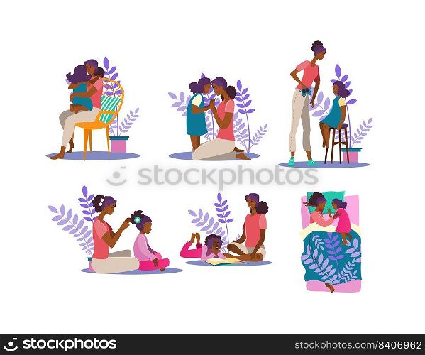 Motherhood illustration set. Woman and girl hugging, reading book, spending time together. Family concept. Vector illustration for topics like mother, daughter, affection