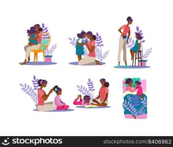 Motherhood illustration set. Woman and girl hugging, reading book, spending time together. Family concept. Vector illustration for topics like mother, daughter, affection