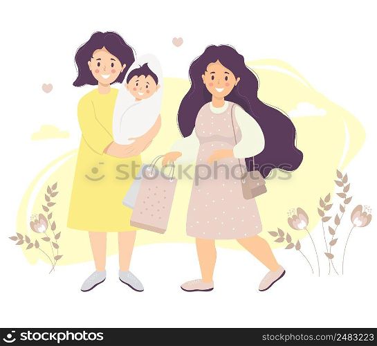 Motherhood. Mom in a dress holds a newborn son in her arms. Next to her is a girl with long hair and packages in her hands against a background of plants. Vector illustration. Happy female lgbt family