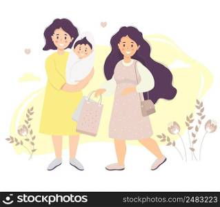 Motherhood. Mom in a dress holds a newborn son in her arms. Next to her is a girl with long hair and packages in her hands against a background of plants. Vector illustration. Happy female lgbt family