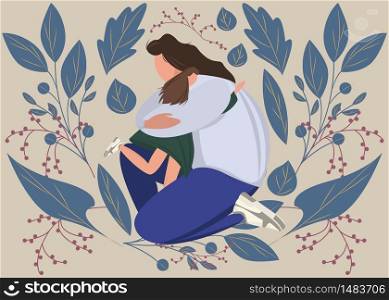 Motherhood portrait lovely happy woman with her son. Mother holding hugging her child portrait. Flat modern pastel tones illustration design. Family, love, tenderness concept. Floral background