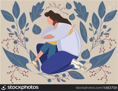Motherhood portrait lovely happy woman with her son. Mother holding hugging her child portrait. Flat modern pastel tones illustration design. Family, love, tenderness concept. Floral background