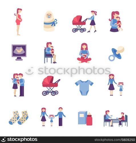 Motherhood pregnancy and maternity flat icons set isolated vector illustration. Motherhood Flat Icons Set