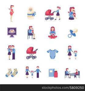 Motherhood pregnancy and maternity flat icons set isolated vector illustration. Motherhood Flat Icons Set
