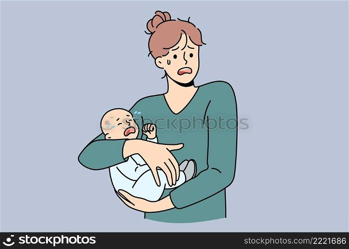 Motherhood problems and stress concept. Young stressed woman mother holding her crying infant baby on hands feeling nervous frustrated postpartum depression vector illustration. Motherhood problems and stress concept.