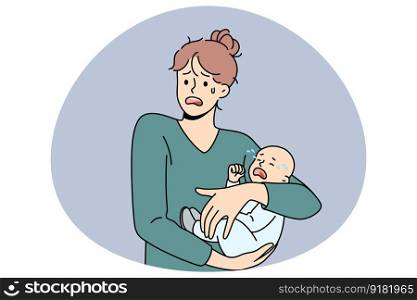 Motherhood problems and stress concept. Young stressed woman mother holding her crying infant baby on hands feeling nervous frustrated postpartum depression vector illustration. Motherhood problems and stress concept.