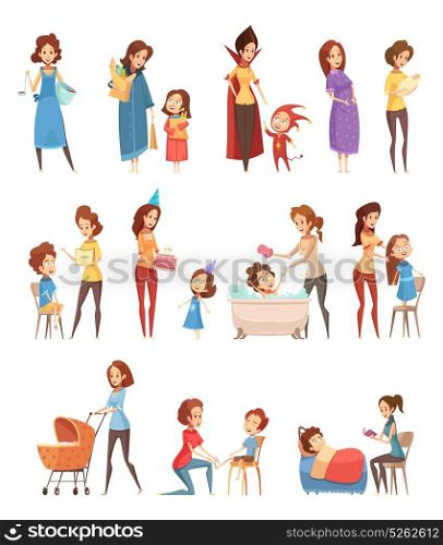 Motherhood Retro Cartoon Icons Set. Motherhood child-rearing shopping playing walking reading to kids retro cartoon icons 3 banners set isolated vector illustration