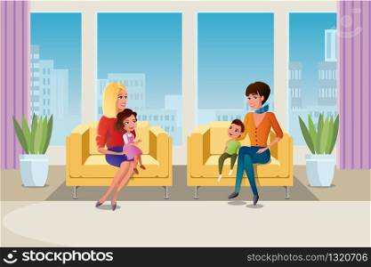 Motherhood Secrets Cartoon Vector Concept with Two Young, Happy Smiling Women Sitting on Armchairs with Kids on Knees, Talking About Children Upbringing Illustration. Psychologist Consulting Mother