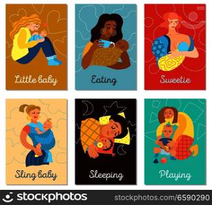 Motherhood set of vertical cards with women and little babies during playing, eating, sleeping, isolated vector illustration  . Motherhood Cards Set