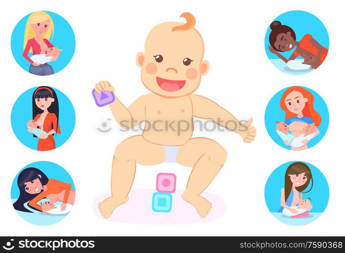 Motherhood vector, baby wearing diaper playing with cubes, woman with kid caring for children, Breastfeeding mother with newborn child isolated set. Baby Playing with Cubes and Mothers Set Motherhood