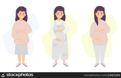 Motherhood. Vector set Happy pregnant woman tenderly hugs her belly with hands in different clothes for pregnant women - jumpsuit, skirt, trousers Vector illustration. Fflat illustration Future mom