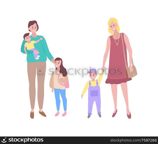Motherhood vector, woman walking with son and daughter, lady with handbag strolling with toddler baby. Childhood, brother and sister with young mother. Woman and Child, Children with Mothers Family