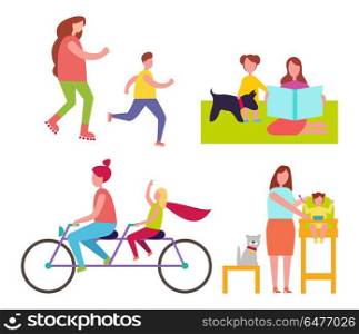 Mothers and Children Collection of Illustrations. Mothers and children collection of isolated vector illustrations on white background. Female parents spending leisure time with young kids and pets