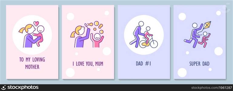 Mothers and fathers day greeting card with color icon element set. For dad and mum. Postcard vector design. Decorative flyer with creative illustration. Notecard with congratulatory message pack. Mothers and fathers day greeting card with color icon element set