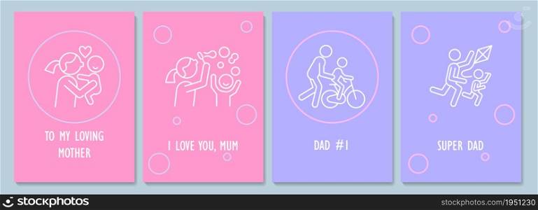 Mothers and fathers day postcard with linear glyph icon set. Greeting card with decorative vector design. Simple style poster with creative lineart illustration. Flyer with holiday wish pack. Mothers and fathers day postcard with linear glyph icon set