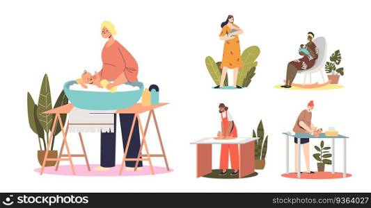 Mothers caring of newborn baby kids  washing, doing massage, changing diaper, breastfeeding and feeding from bottle. Parent and motherhood activities concept. Flat vector illustration. Mothers caring of newborn baby kids  wash, do massage, change diaper, breastfeed and from bottle