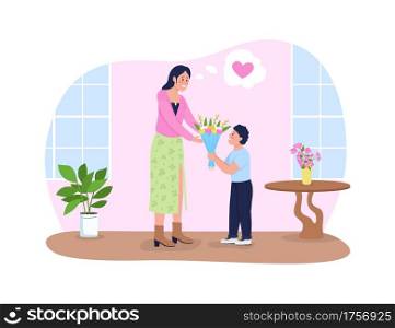Mothers day greeting 2D vector web banner, poster. Son giving mom flowers flat characters on cartoon background. Spring holiday, family celebration printable patch, colorful web element. Mothers day greeting 2D vector web banner, poster